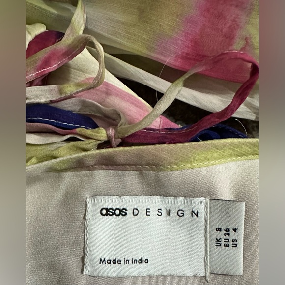 ASOS DESIGN Long Sleeve Pleated Drawstring Bodice Maxi Dress Watercolor Chiffon - Picture 9 of 10